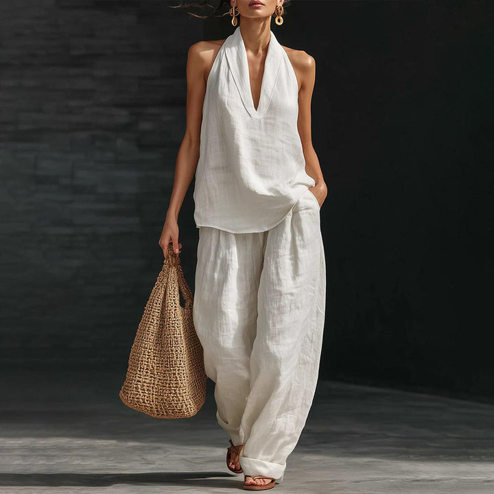 Summer Outfits for Women 2 Piece Set Deep V Neck Sleeveless Loose Fit Halter Top and Wide Leg Pants for Beach classical