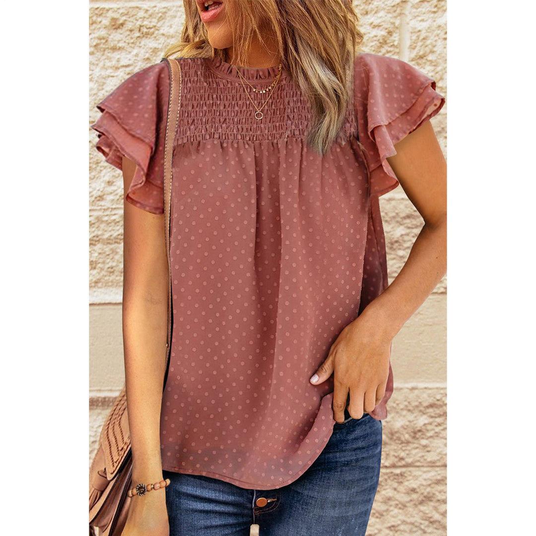 Womens Ruffle Short Sleeve Blouse Dot Smocked Crewneck Summer Flowy Chiffon Shirts Pullover Tops for Travel expedient