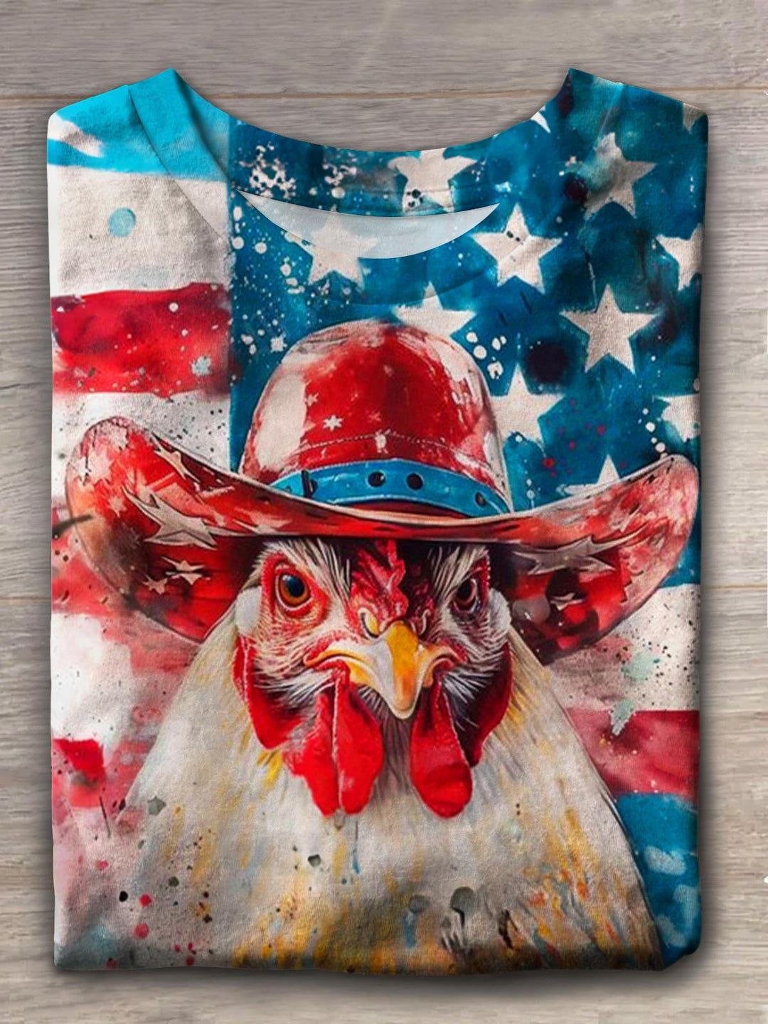 USA Flag Cowboy Rooster Crew Neck T-shirt