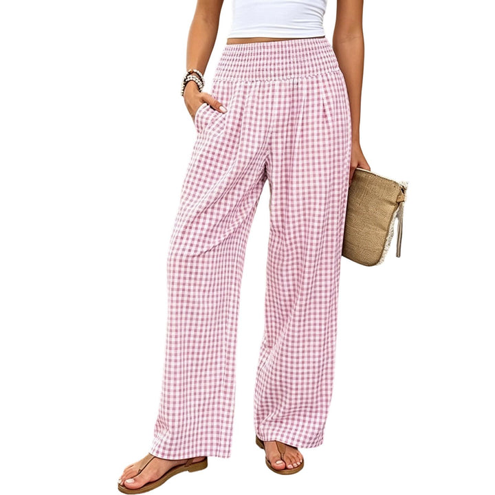 Women Gingham Pants Smocked Waist Plaid Pajama Lounge Pants Wide Leg Trousers with Pocket for Daily Wear gently