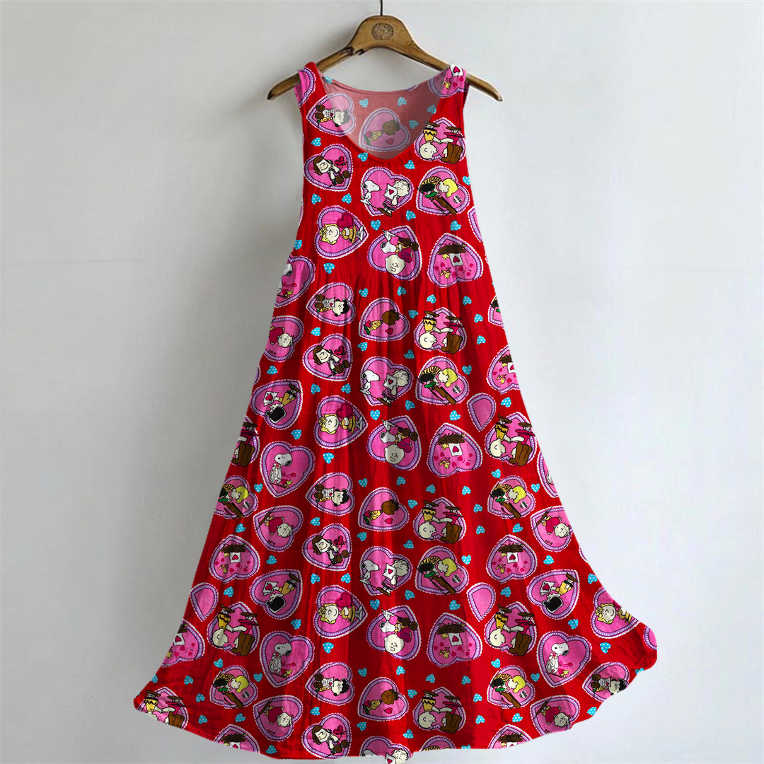 Fun Snoopy Love Hearts V-neck Bamboo Linen Sleeveless Dress