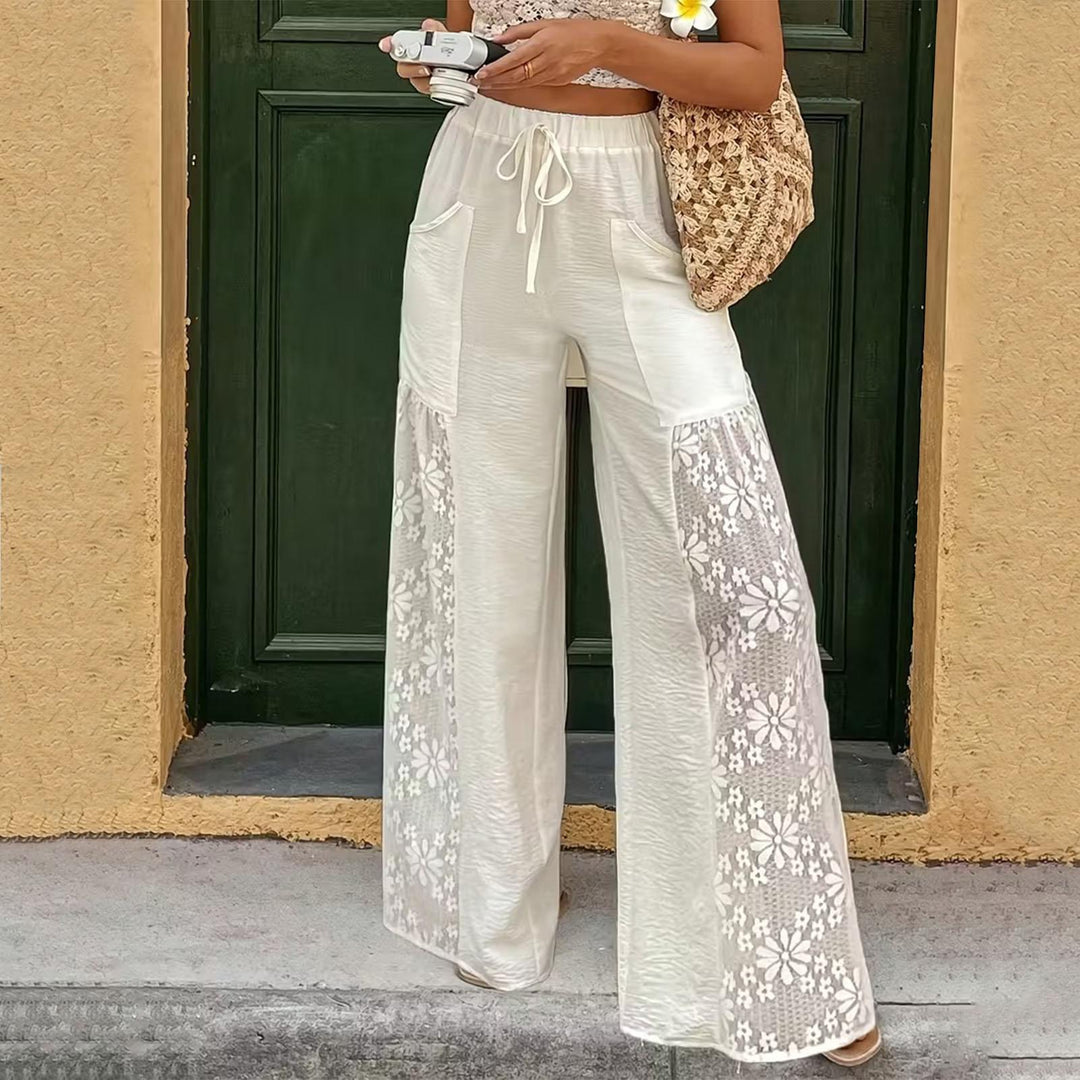 Women's Floral Lace Sheer Mesh Pants High Waisted Loose Fit Drawstring Elastic Waist Toursers for Vacation responsible