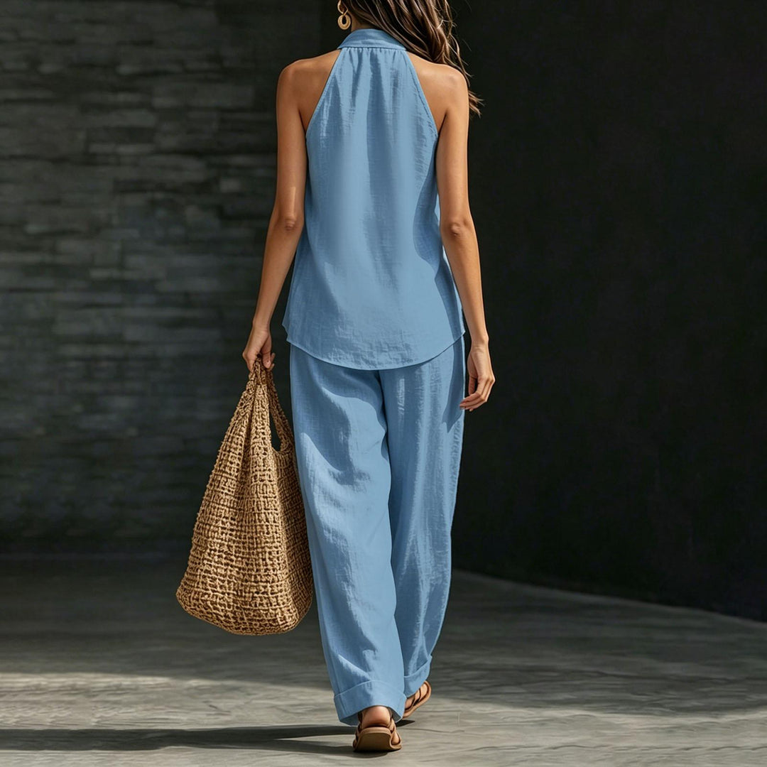 Summer Outfits for Women 2 Piece Set Deep V Neck Sleeveless Loose Fit Halter Top and Wide Leg Pants for Beach classical