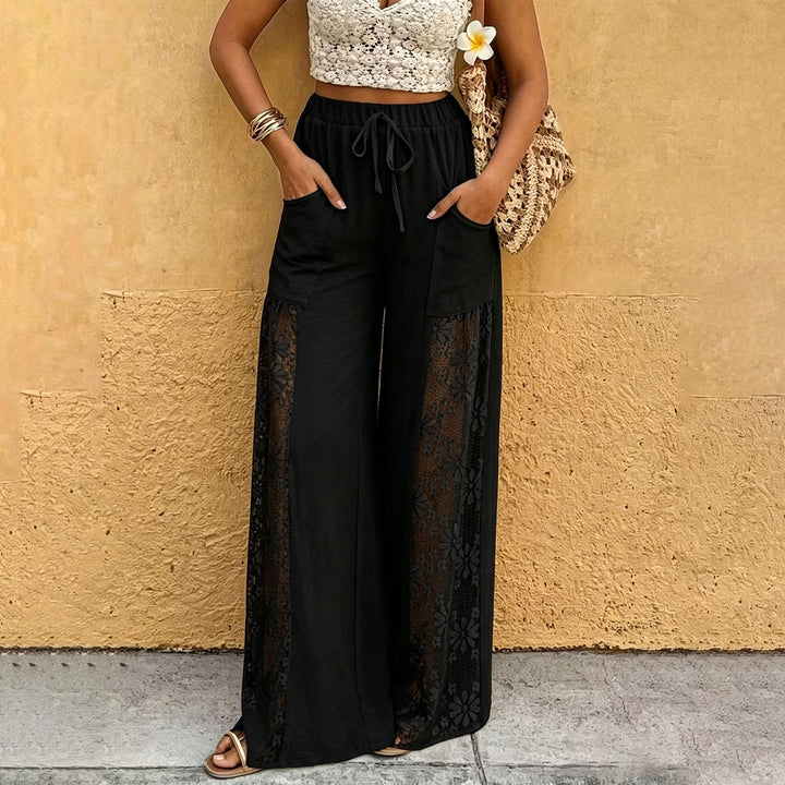 Women's Floral Lace Sheer Mesh Pants High Waisted Loose Fit Drawstring Elastic Waist Toursers for Vacation responsible