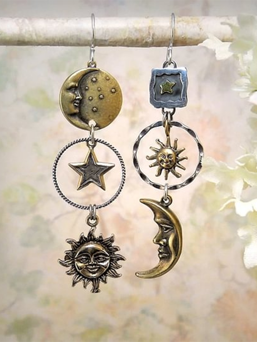 Retro Hippie Sun Star Moon Asymmetrical Earrings