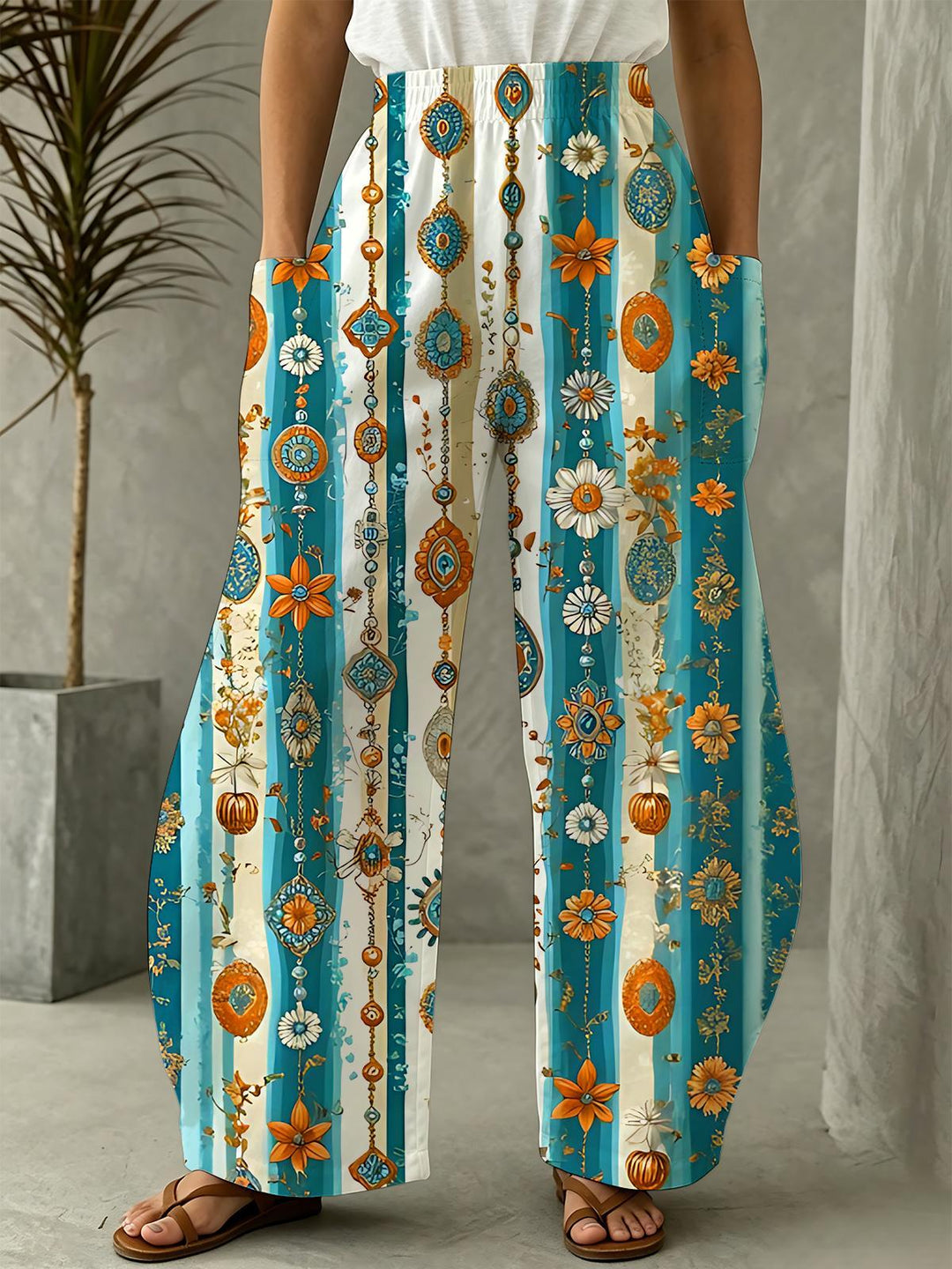 Boho Floral Geometric Print Casual Pants