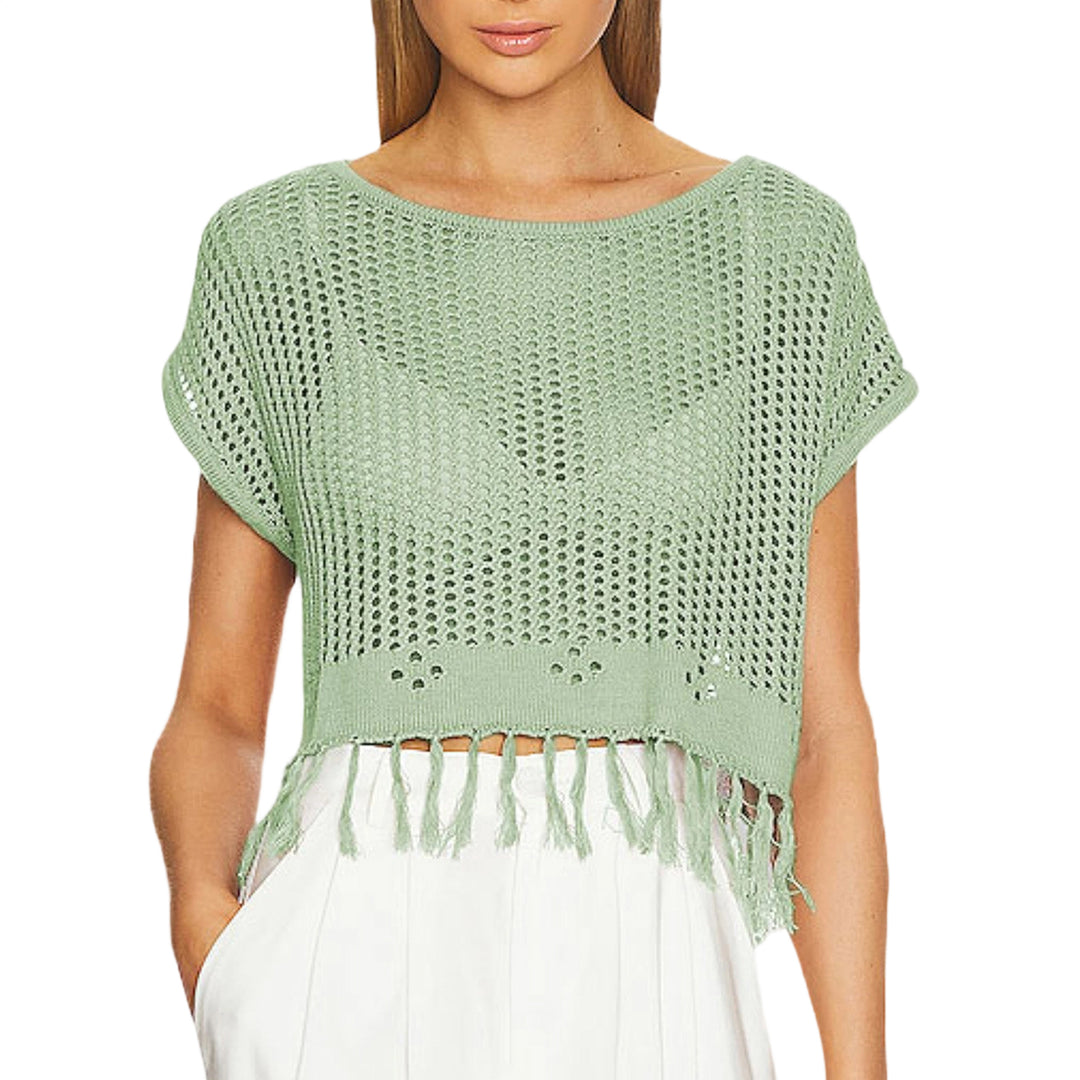 Crochet Tops for Women Tassel Hollow Out Summer Knit Top Crewneck Short Sleeve Pullover Cover Up for Travel usefulness
