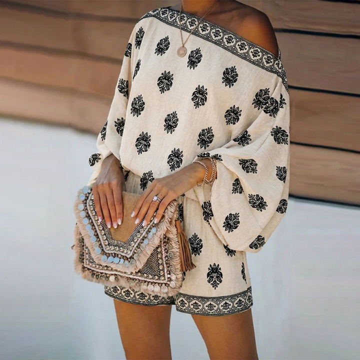 Boho Rompers for Women Off The Shoulder Casual Boho Jumpsuit Loose Lantern Sleeve Rompers for Vacation Beach ingenious