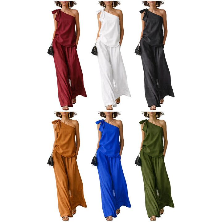Summer Outfits for Women 2 Piece Set Off Shoulder Asymmetrical Neck Tank Tops Wide Leg Pants Set for Travel refined