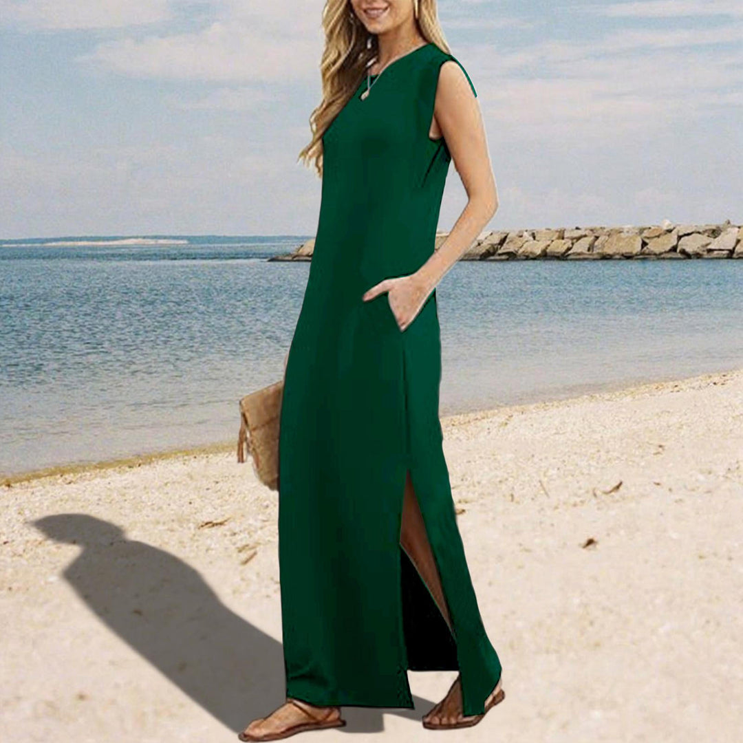 Tank Maxi Dress Sleeveless Solid Color Maxi Dress Loose Fit Side Slit Sundress for Fashionable Daily Wear Vacation Dating classy