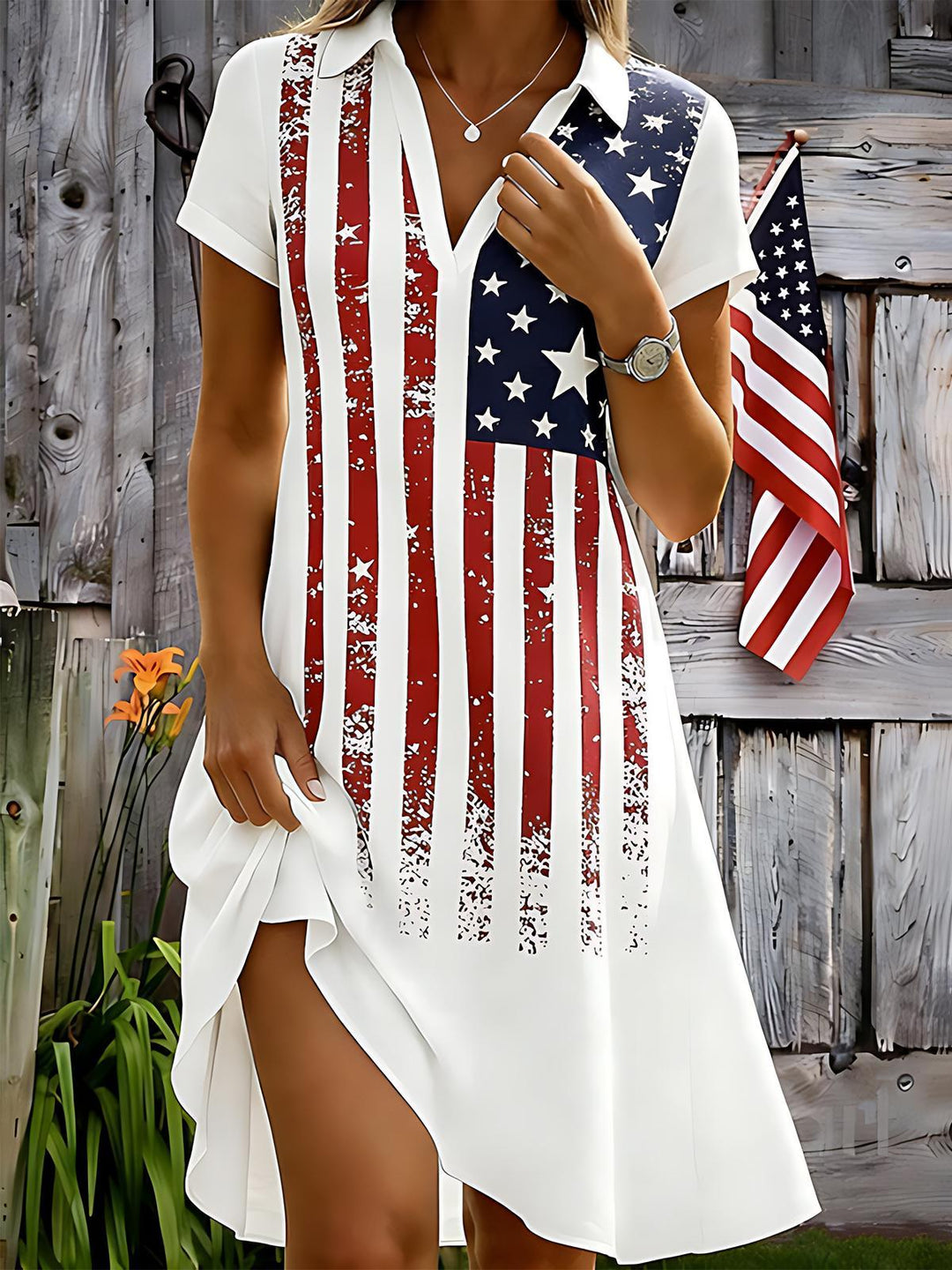 Independence American Flag Women's Short Sleeve V Neck Shirtdress