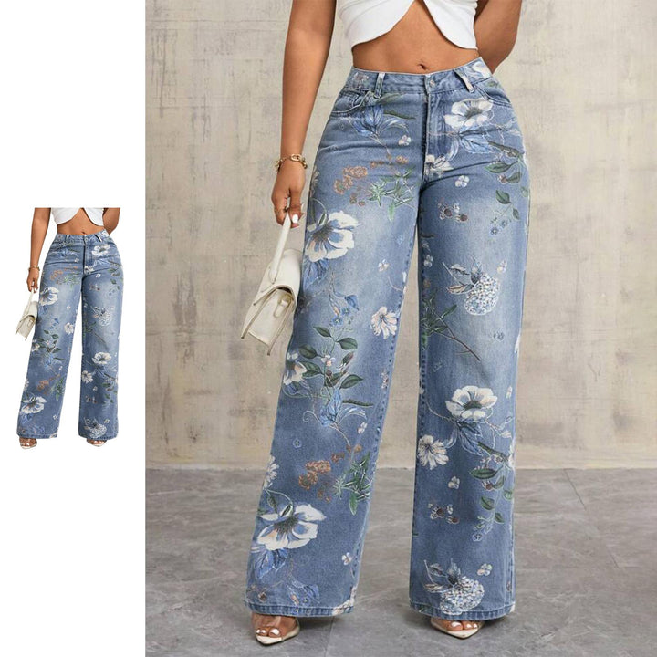 Floral Print Jeans for Women Mid Rise Trendy Jeans Wide Leg Casual Denim Pants with Pockets for Vacation grand