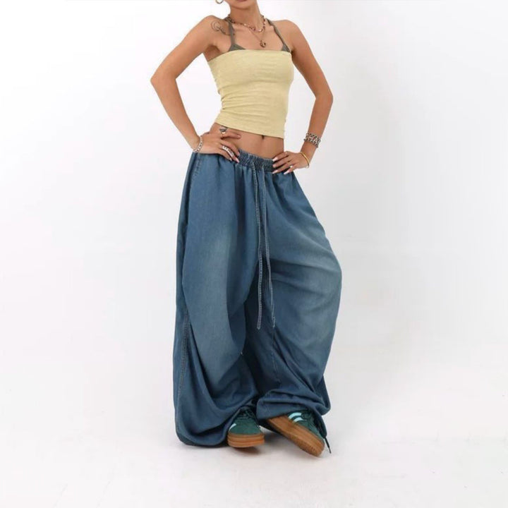 Womens Elastic Waist Jeans Low Rise Vintage Baggy Barrel Jeans Streetwear Loose Fit Denim Pants for Travel candid