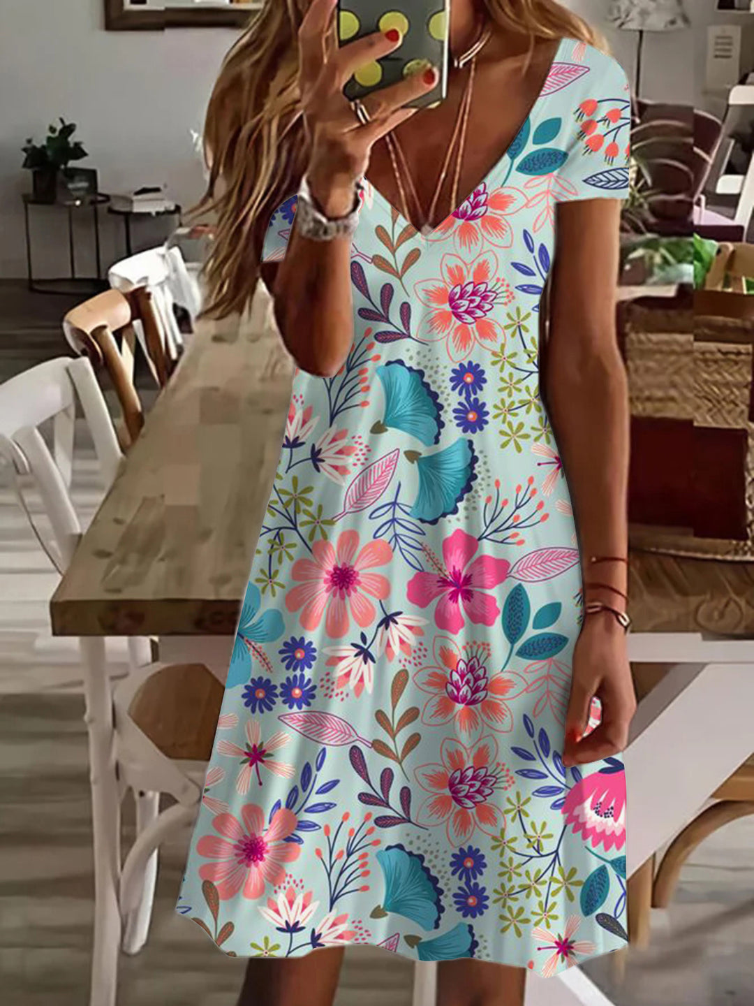 Summer Floral V Neck Short Sleeve Dress