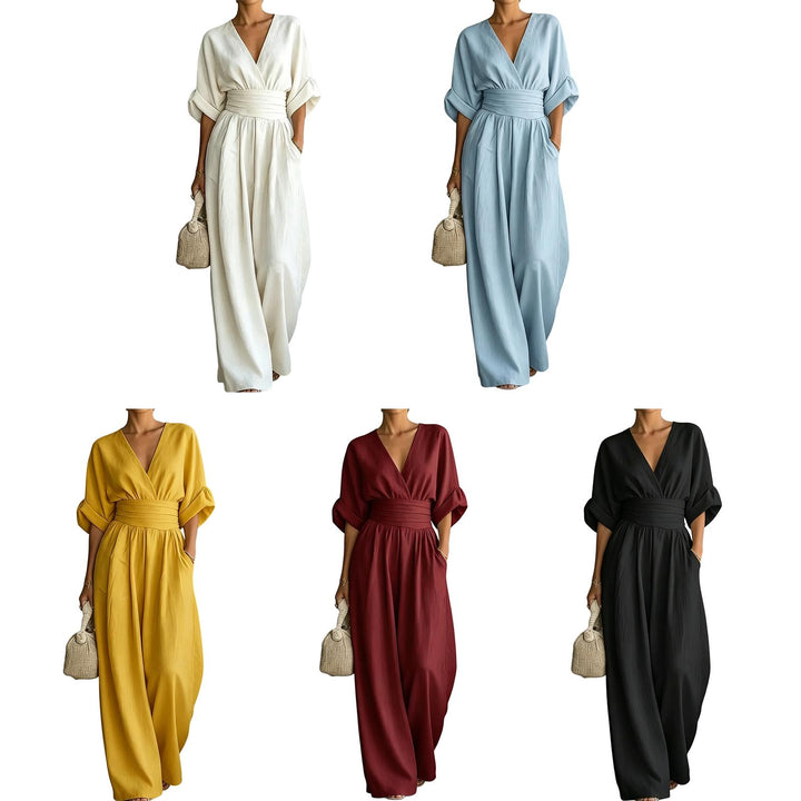 Womens Jumpsuits Casual Dressy V Neck Wide Leg Flowy Short Sleeve Casual Cinched Waist Overalls Daily Wear best service