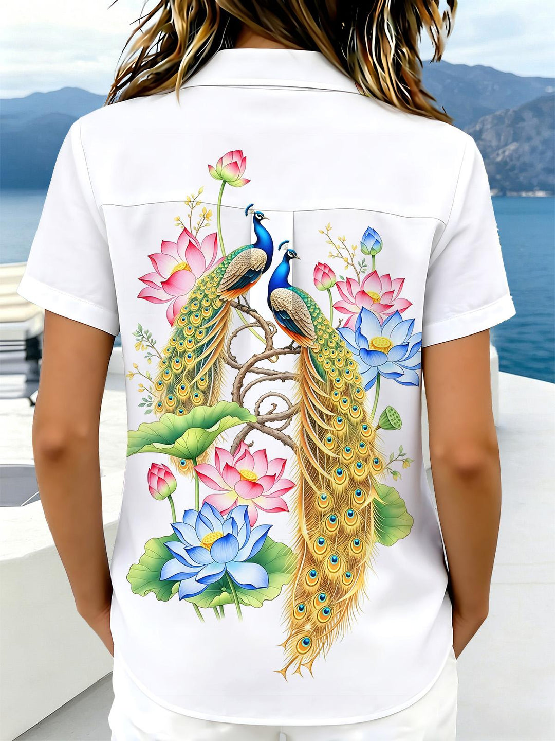 Peacock And Lotus Auspicious Women's Short Sleeve Shirts