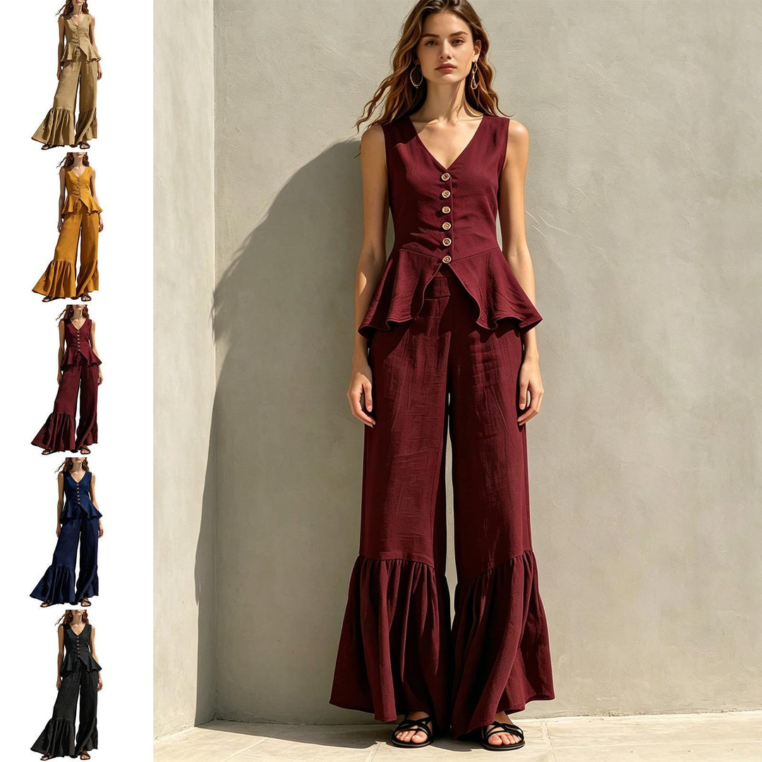 Women Two Piece Outfits Sets V Neck Sleeveless Peplum Top and Ruffle Flare Leg Pants Set for Dating Travel astonishing
