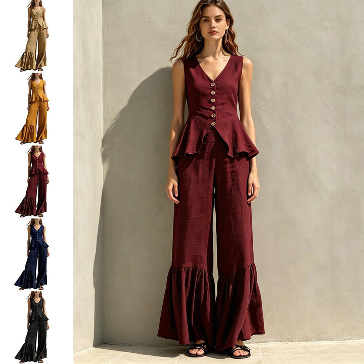 Women Two Piece Outfits Sets V Neck Sleeveless Peplum Top and Ruffle Flare Leg Pants Set for Dating Travel astonishing
