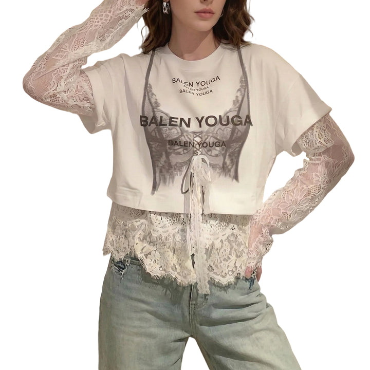 Lace Tshirt for Women Lace Splicing Long Sleeve Shirts Blouse Crew Neck Casual Layered Tee for Vacation Party superb