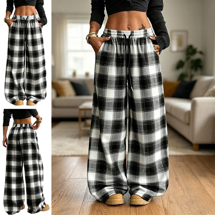 Plaid Pants for Women Wide Leg Drawstring Elastic Waist Trousers for Women with Pockets for Vacation Dating liberal
