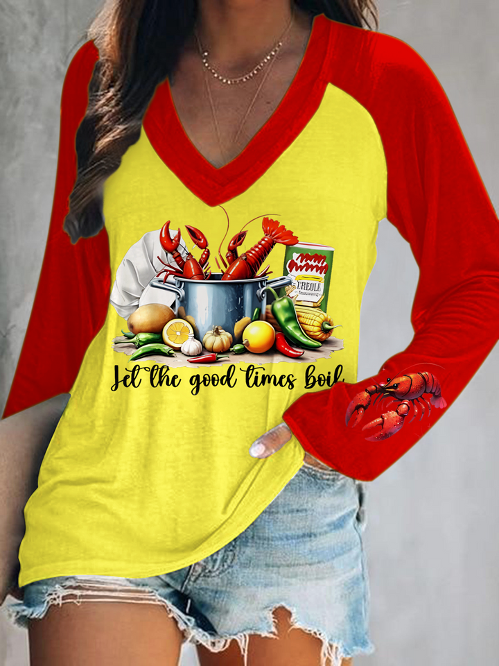 Crawfish Let The Good Times Boil Print V-Neck Long Sleeve Top