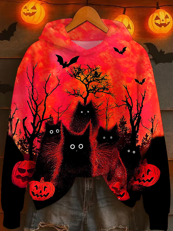 Halloween Pumpkin Black Cat Long Sleeve Printed Hoodie