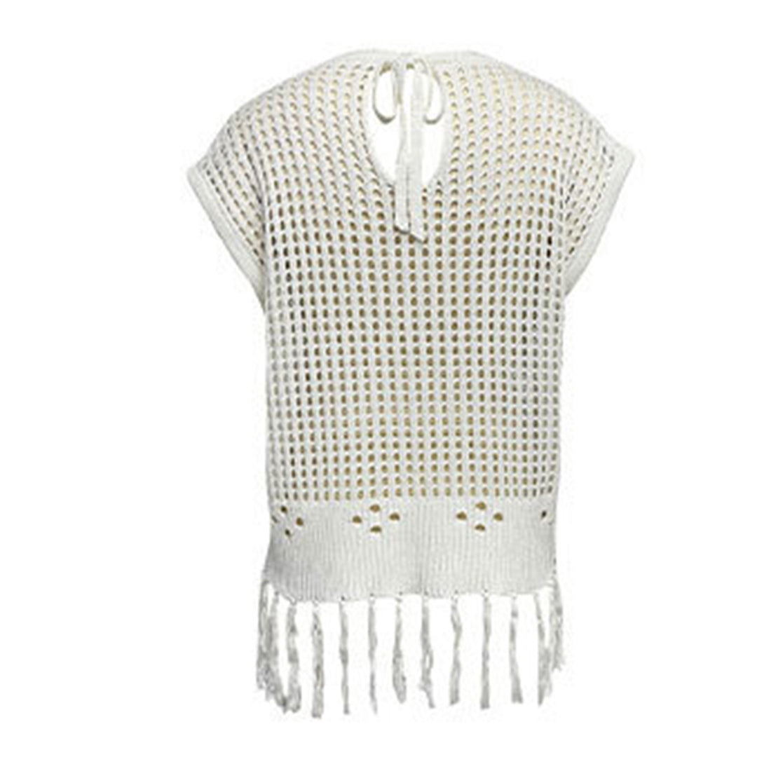 Crochet Tops for Women Tassel Hollow Out Summer Knit Top Crewneck Short Sleeve Pullover Cover Up for Travel usefulness