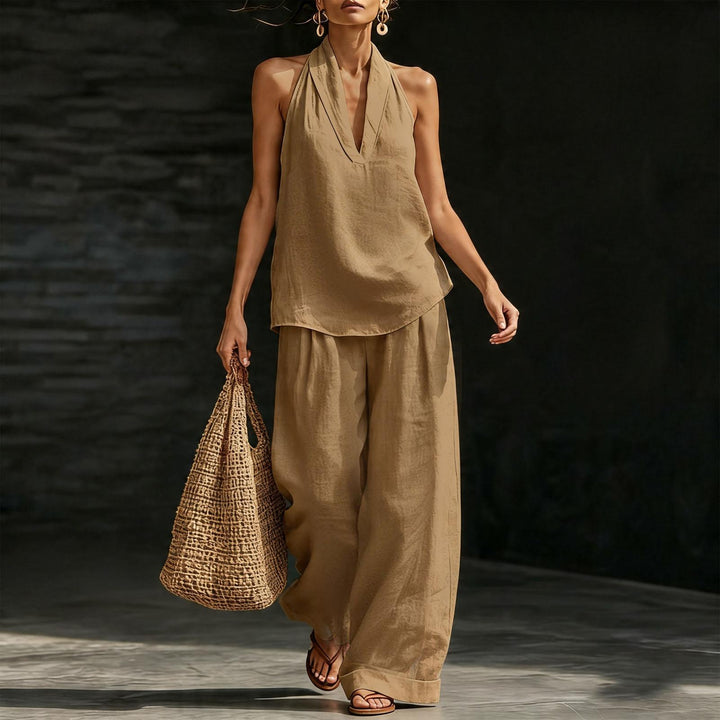 Summer Outfits for Women 2 Piece Set Deep V Neck Sleeveless Loose Fit Halter Top and Wide Leg Pants for Beach classical