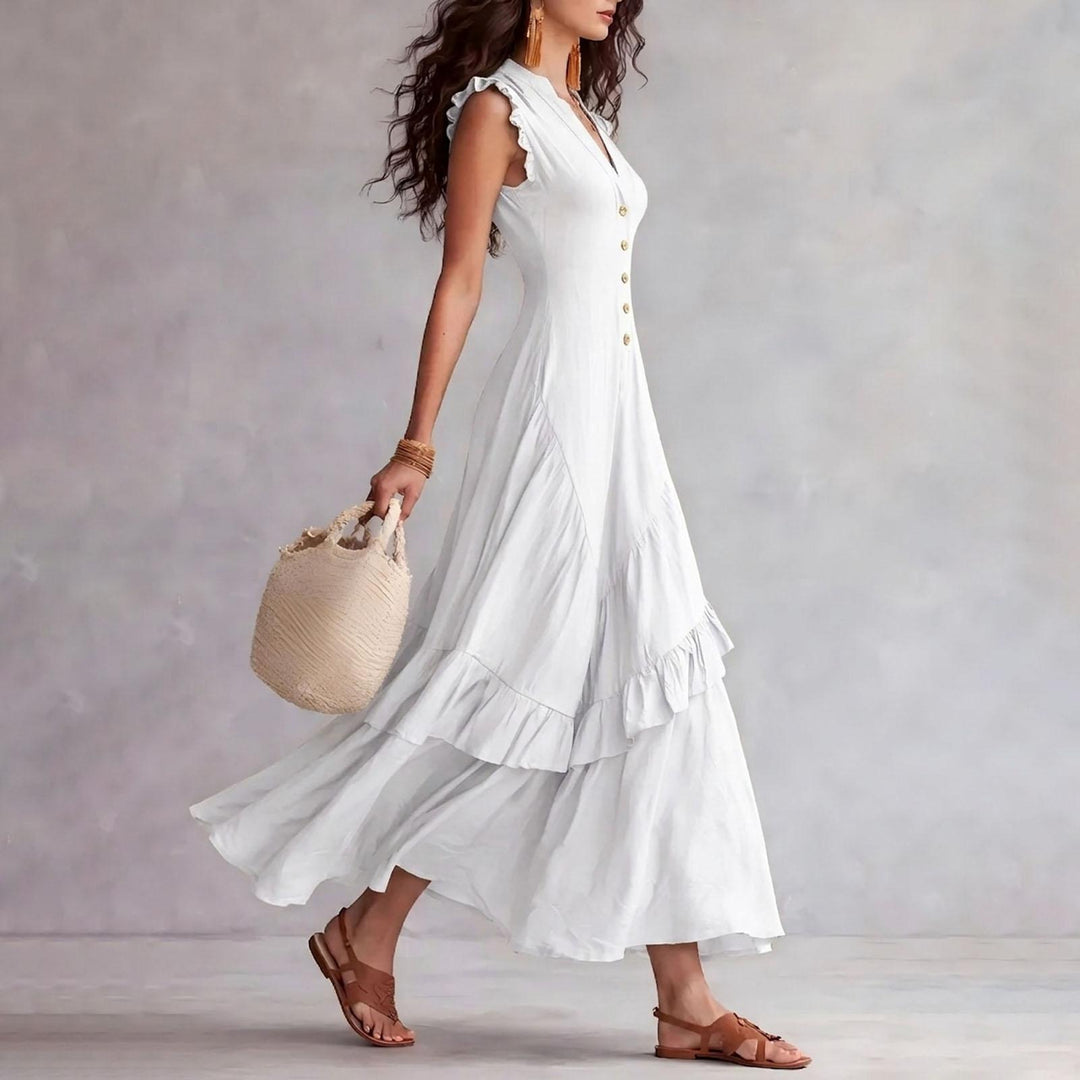 Ruffle Dress Long V Neck Button Flowy Cap Sleeve Summer Maxi Dresses Casual Beach Clothes for Beach Vacation serviceable
