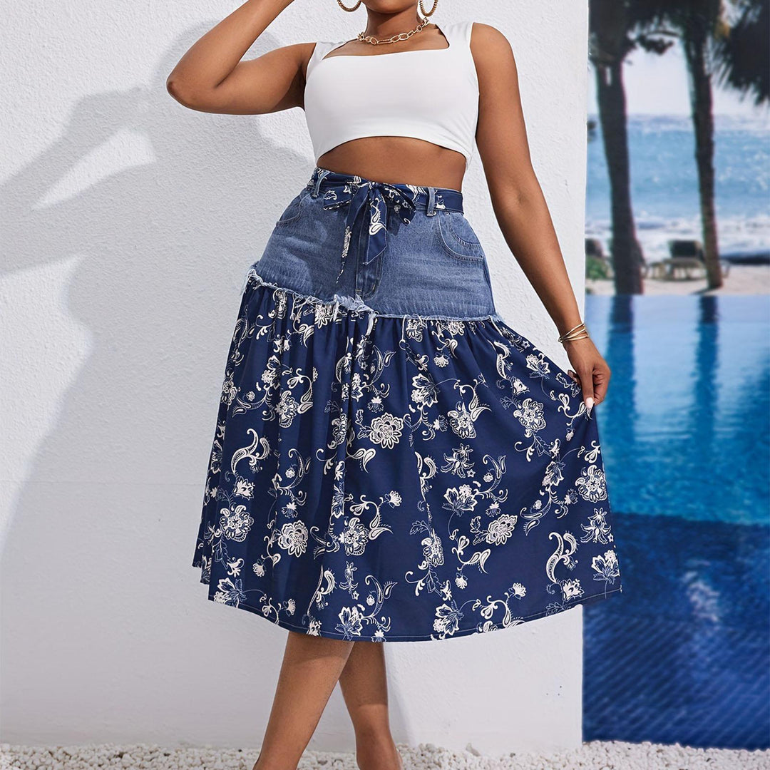 Midi Denim Skirt Floral Print High Waisted A Line Denim Chiffon Splicing Flowy Skirt for Dating Vacation beautifully