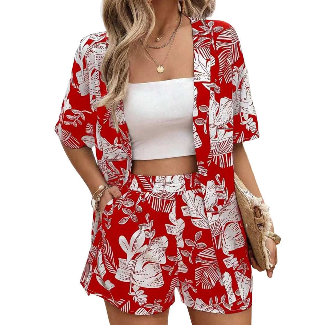 Beach 2 Piece Outfits for Women Boho Floral Leaf Summer Outfits Short Sleeve Shirt Beach Sets for Daily Wear favorable