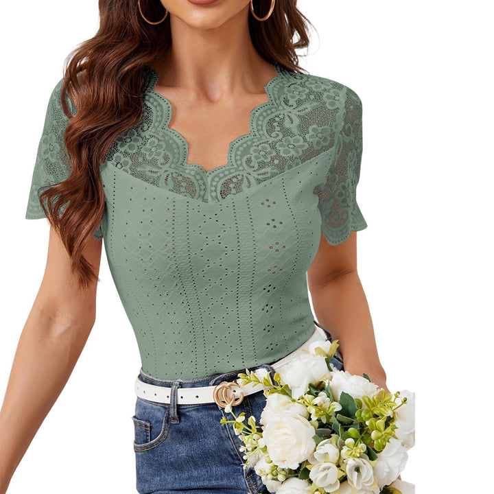 Womens Lace Shirt V Neck Dressy Casual Blouses Summer Fitted Shirts Short Sleeve for Going Out Commuting remarkable