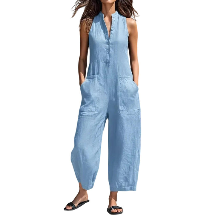 Sleeveless Jumpsuits for Women Button Front Stand Collar Sleeveless Loose Wide Leg Jumpsuit for Vacation classical