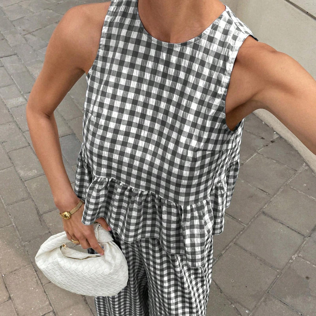 Womens Gingham Set Ruffle Plaid Peplum Tops and Pants Summer Vacation Going Out Sets for Daily Wear Beach admired