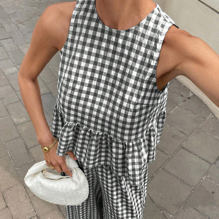 Womens Gingham Set Ruffle Plaid Peplum Tops and Pants Summer Vacation Going Out Sets for Daily Wear Beach admired