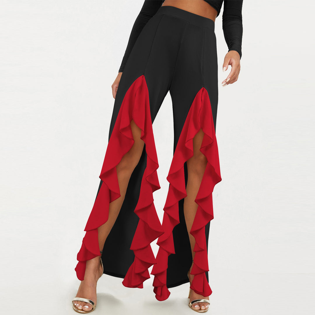 Womens Ruffle Pants Front Slit Flowy Loose Fit Wide Leg Trousers Elastic High Waist Lounge Pants for Dating improved