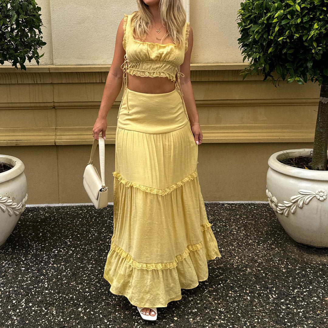 2 Piece Maxi Skirt Sets for Women Side Tie Boho Sleeveless Crop Tank Tops and High Waist Long Skirt for Beach top sale