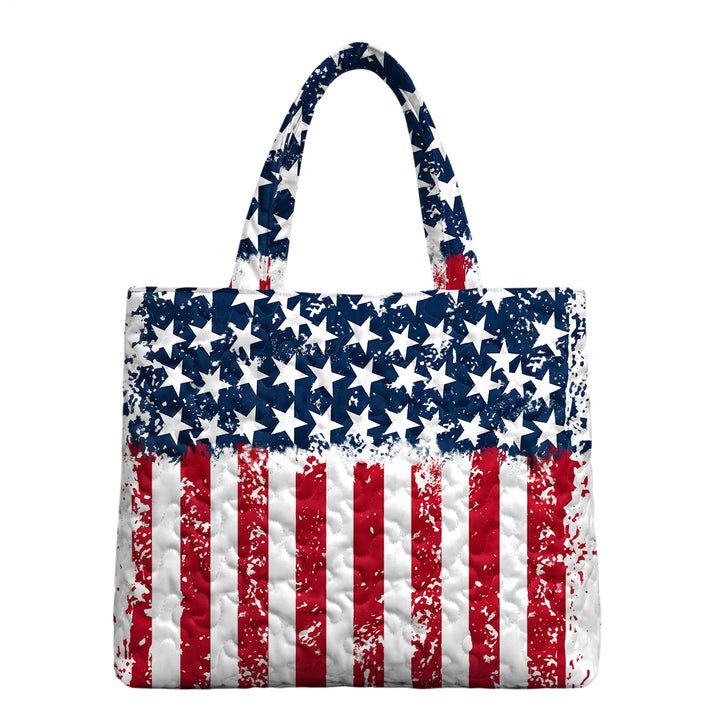 Quilted Tote Bag for Women American Flag Patriotic Handbags with Handles Travel Casual Purse for Vacation practical