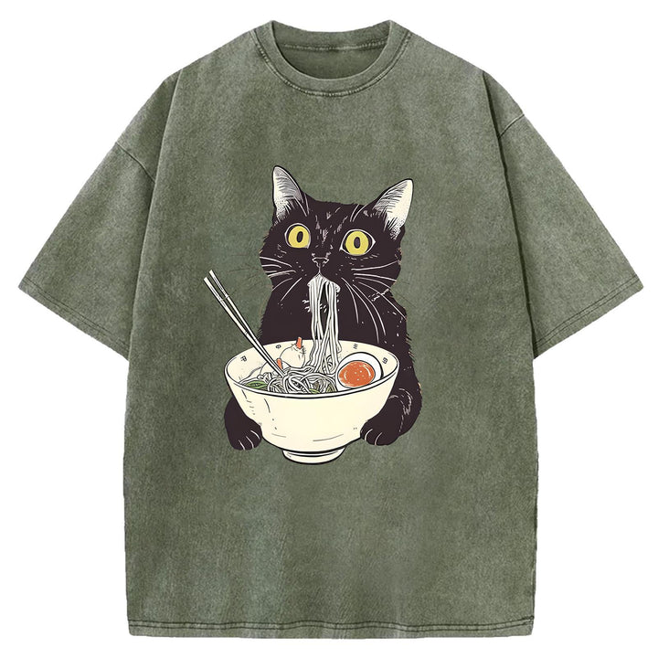 Black Cat Eating Ramen Washed Crew Neck T-Shirt