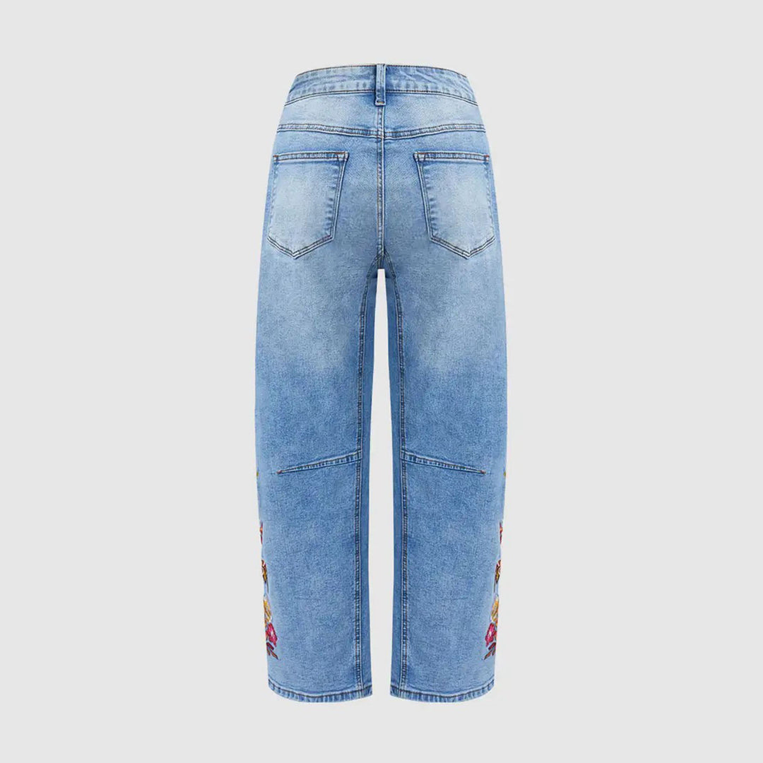 Cropped Jeans for Women Floral Embroidered Casual Summer Straight Leg Jeans Mid Rise Denim Pants for Travel thrifty