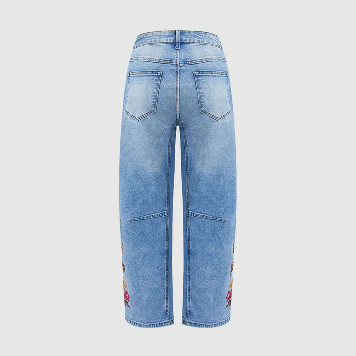 Cropped Jeans for Women Floral Embroidered Casual Summer Straight Leg Jeans Mid Rise Denim Pants for Travel thrifty
