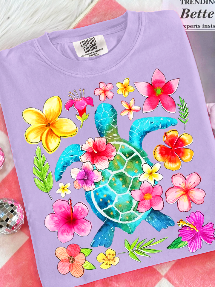 Floral Sea Turtle Summer Crew Neck T-shirt