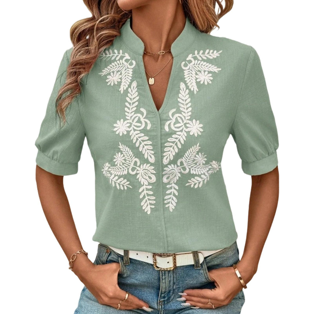 Embroidered Blouses for Women V Neck Floral Embroidered Top Short Sleeve Blouses Fashion Clothes for Travel generous
