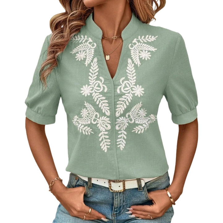 Embroidered Blouses for Women V Neck Floral Embroidered Top Short Sleeve Blouses Fashion Clothes for Travel generous