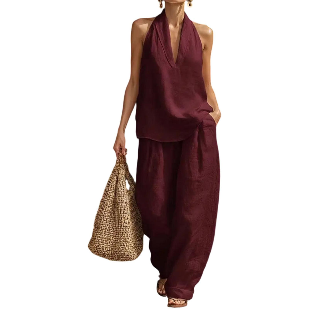 Summer Outfits for Women 2 Piece Set Deep V Neck Sleeveless Loose Fit Halter Top and Wide Leg Pants for Beach classical