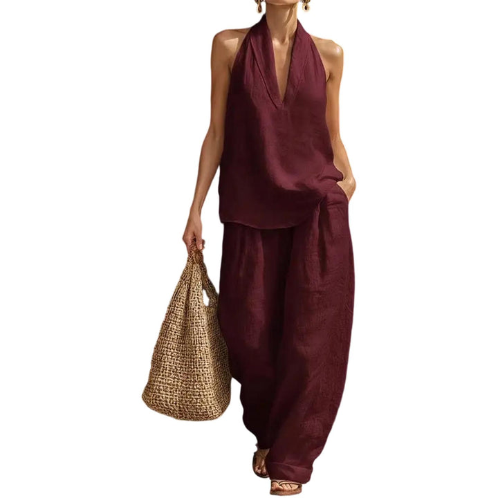 Summer Outfits for Women 2 Piece Set Deep V Neck Sleeveless Loose Fit Halter Top and Wide Leg Pants for Beach classical