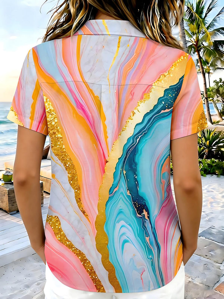 Abstract Art Gold Foil Fluid Marble Women's Short Sleeve Shirts