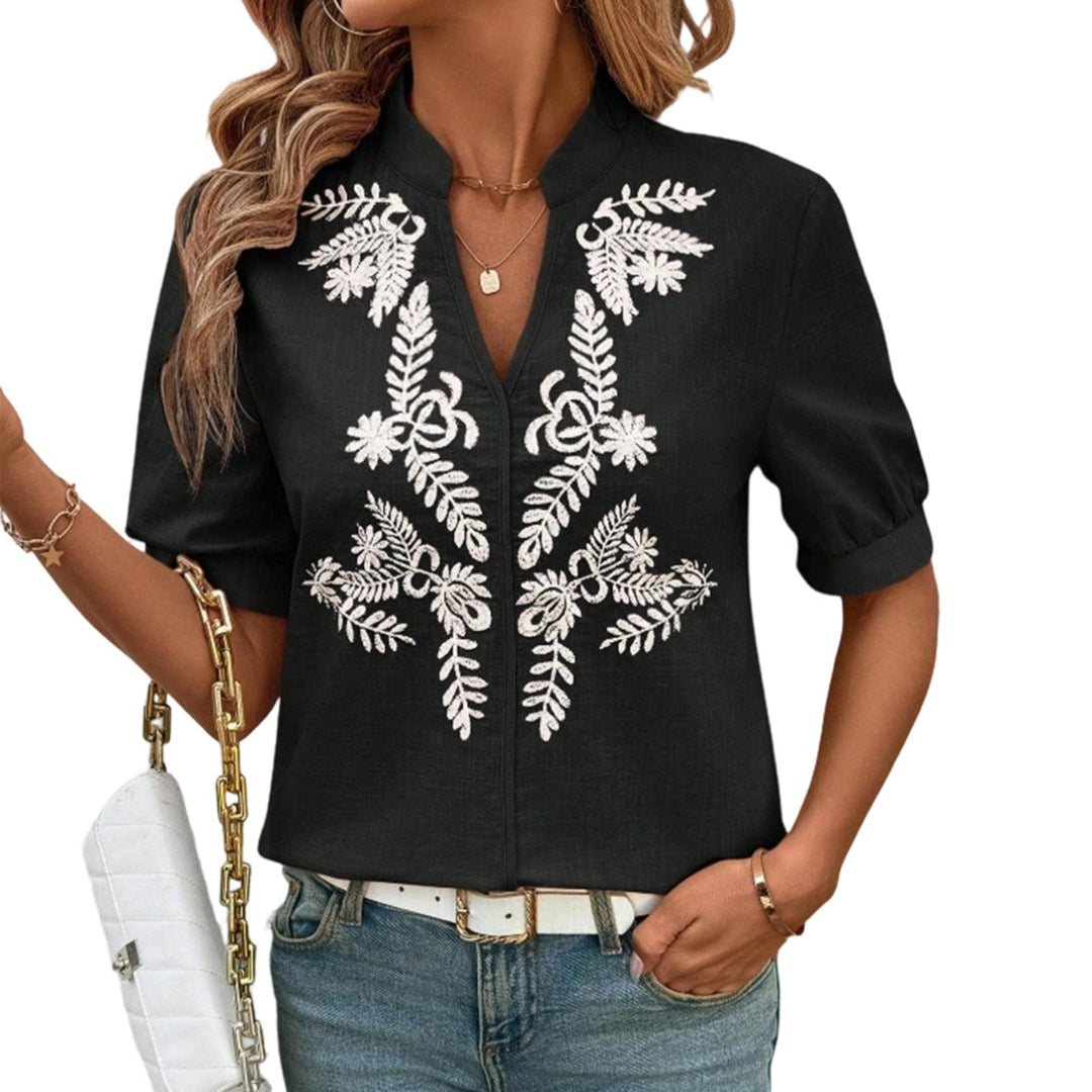 Embroidered Blouses for Women V Neck Floral Embroidered Top Short Sleeve Blouses Fashion Clothes for Travel generous