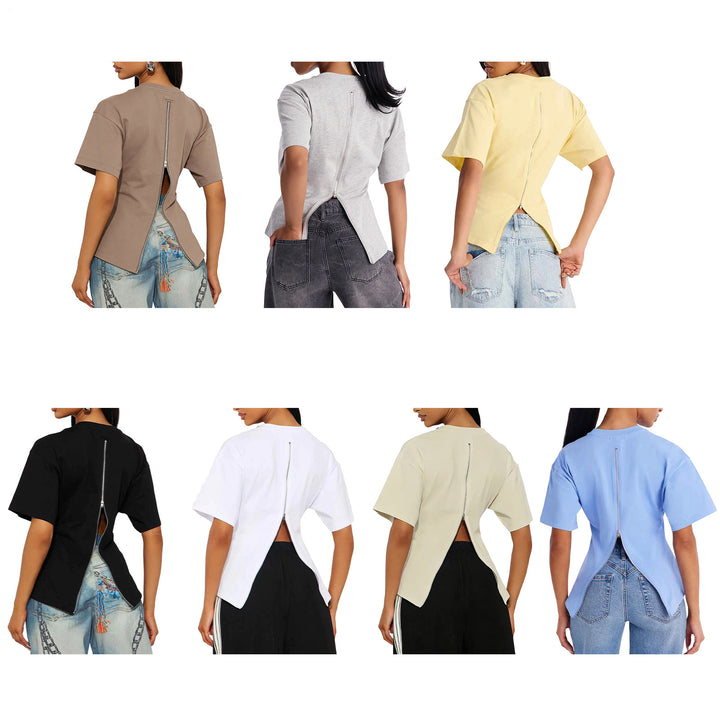 Zipper Back Shirt for Women Back Zipper Crewneck Short Sleeve Cinched Waist Top for Daily Wear Vacation method