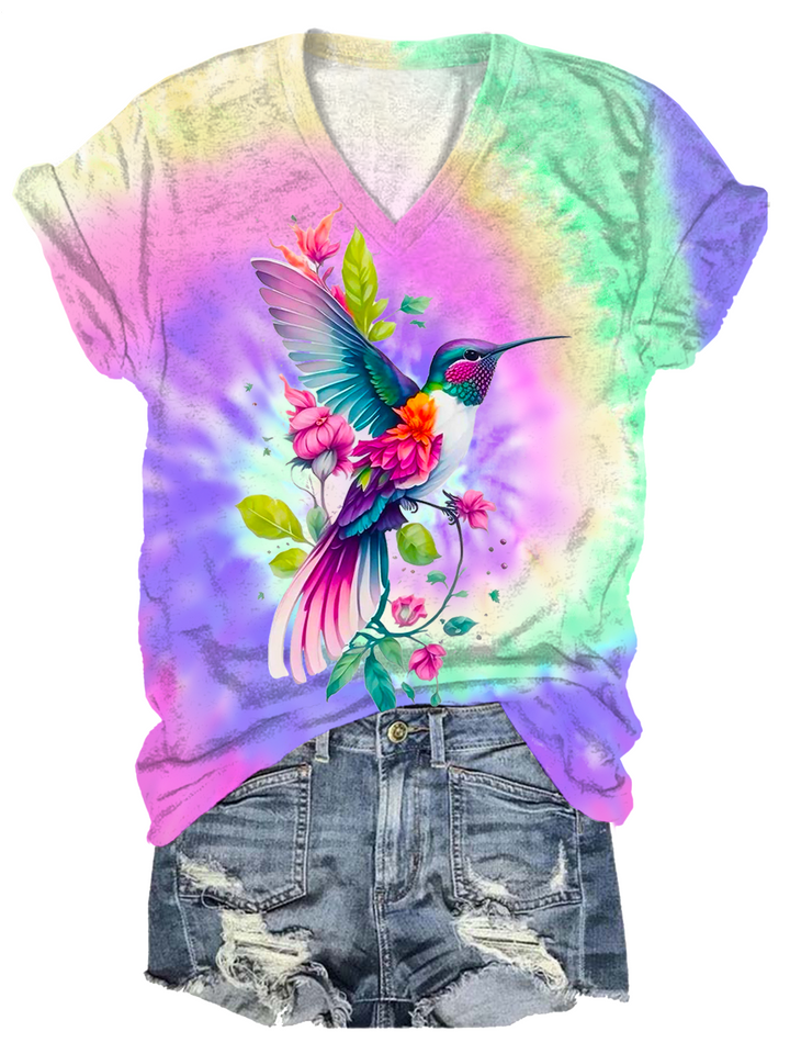 Tie-dye Hummingbird Flowers V-neck T-Shirt